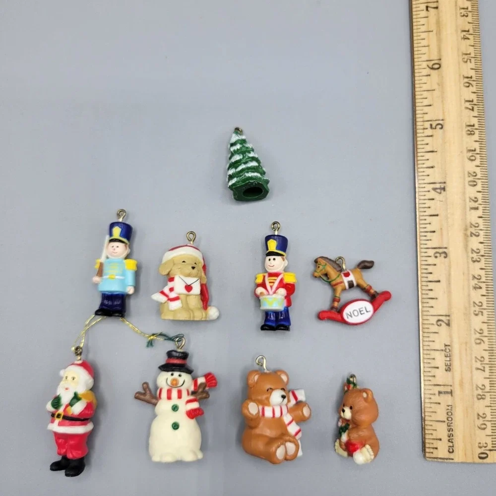 Vtg Christmas Miniature Ornaments Set Of 9 Plastic Figurines Santa Snowman Bear